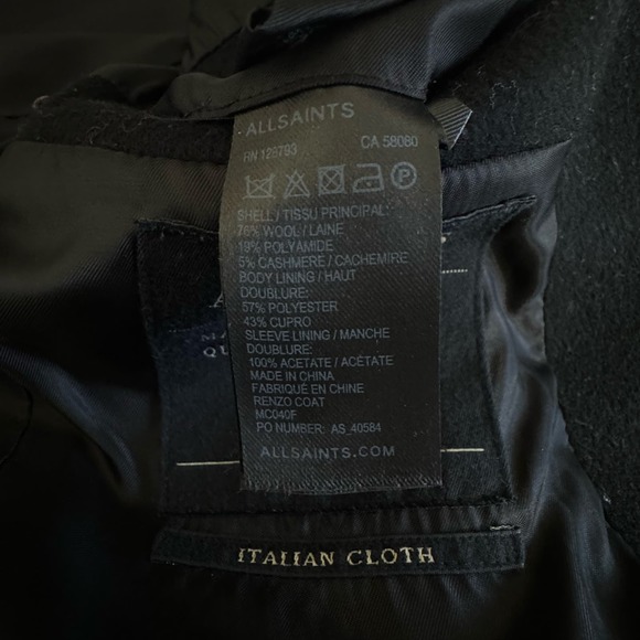 All Saints Wool Italian Cloth Overcoat Black Size 36 - Picture 8 of 11